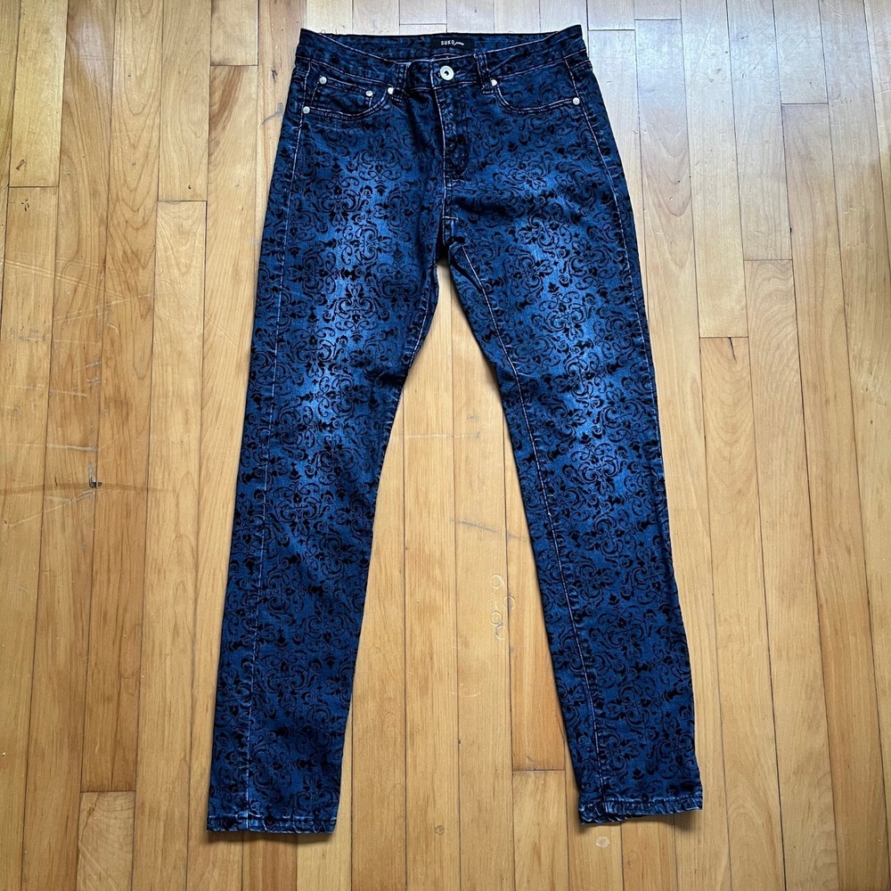 Suko Jeans Women's Size 8 Blue Black Velvet Damask Skinny Jeans Pants